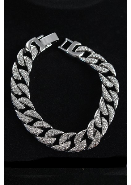 Pirinç Zirkon Taşlı Cuba Gurmet Model Gümüş Renk Erkek Bileklik