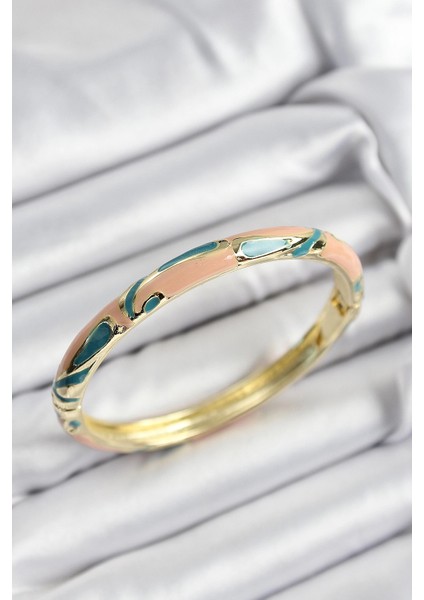 Mineli Pirinç Krem ve Yeşil Mermer Motifli Gold Renk Kadın Kelepçe