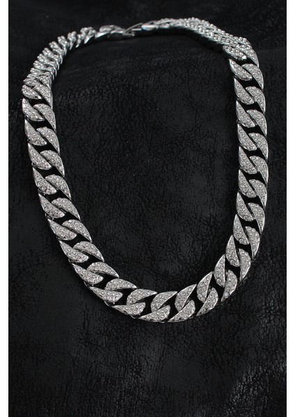 Pirinç Zirkon Taşlı Cuba Gurmet Model Gümüş Renk Erkek Kolye