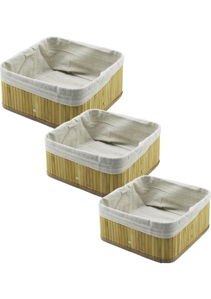 3 Boy Kare Bambu Kenar Organizer Sepet Ahşap Altlık - Bezli 17X17-21X21-26X26CM (3791)