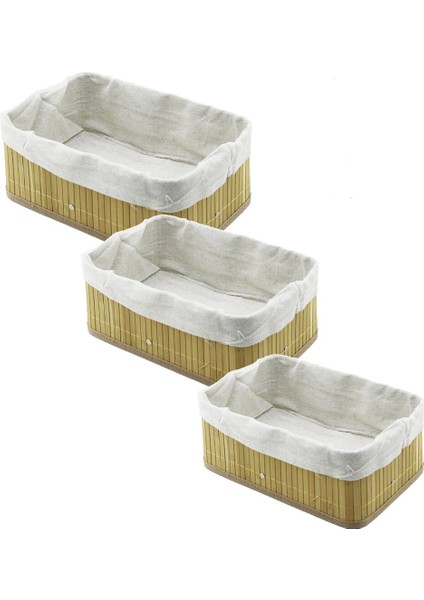 3 Boy Dikdörtgen Bambu Kenar Organizer Sepet Ahşap Altlık - Bezli 13X20-16X24-20X31CM (3791)