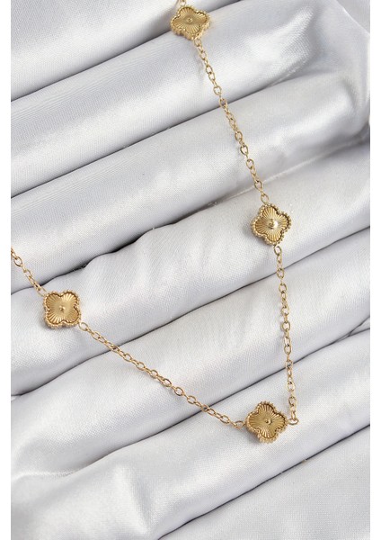 316L Çelik Yonca Model Gold Renk Kadın Kolye