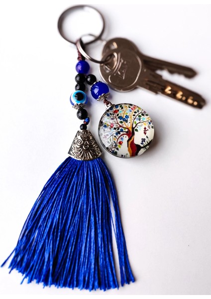 Renkli Cam Hayat Ağacı Mavi Püsküllü Anahtarlık
