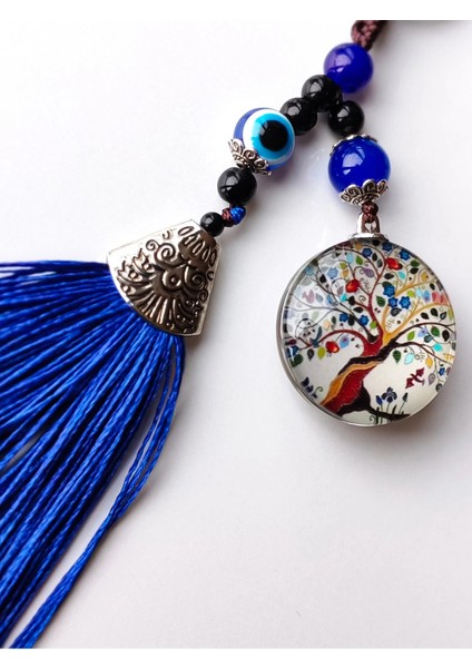 Renkli Cam Hayat Ağacı Mavi Püsküllü Anahtarlık fiyatları