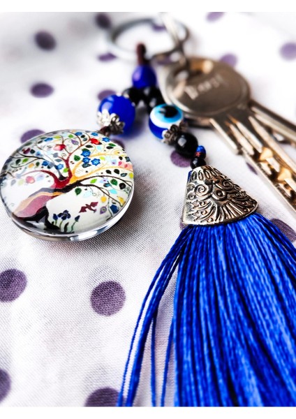 Renkli Cam Hayat Ağacı Mavi Püsküllü Anahtarlık modelleri