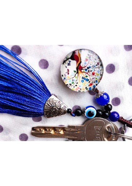 Renkli Cam Hayat Ağacı Mavi Püsküllü Anahtarlık fırsatları