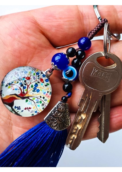 Renkli Cam Hayat Ağacı Mavi Püsküllü Anahtarlık indirimleri