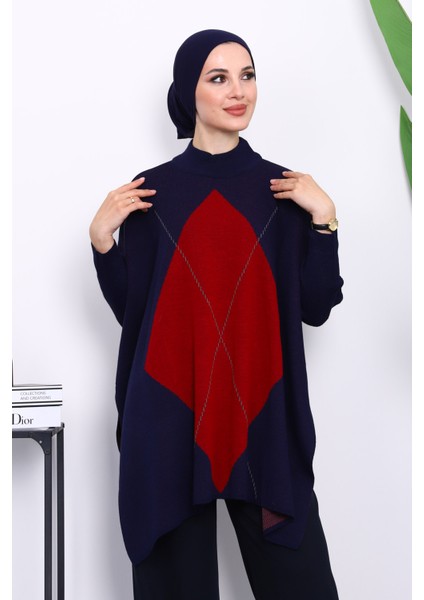 Lacivert Yarasa Kol Yan Yırtmaçlı Triko Panço