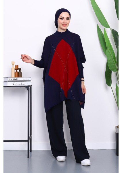 Lacivert Yarasa Kol Yan Yırtmaçlı Triko Panço fiyatları