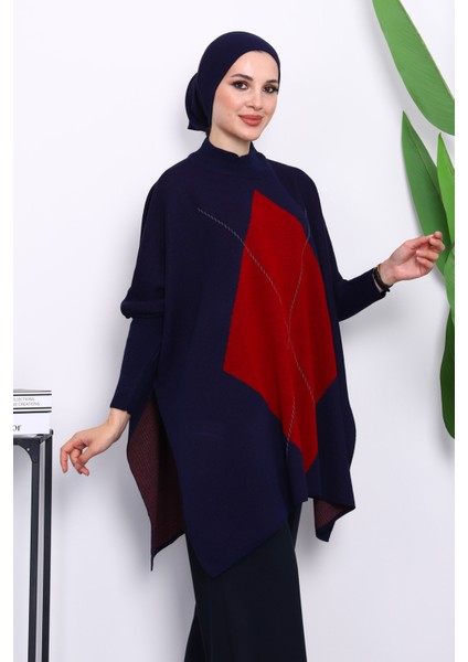 Lacivert Yarasa Kol Yan Yırtmaçlı Triko Panço modelleri