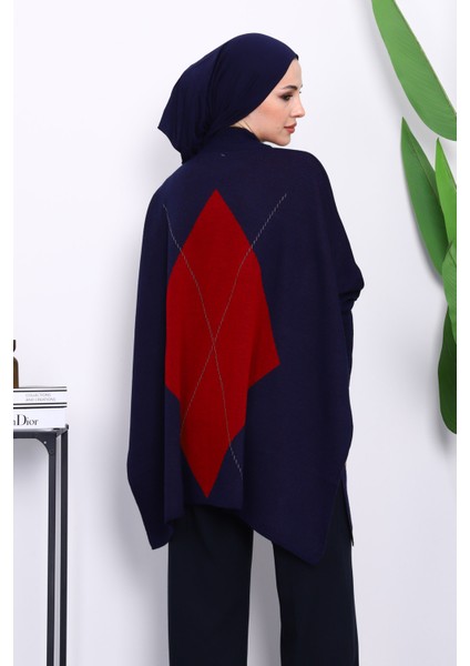 Lacivert Yarasa Kol Yan Yırtmaçlı Triko Panço fırsatları