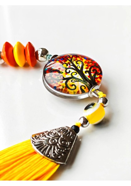 Sarı Cam Hayat Ağacı Desenli Sarı Püsküllü Anahtarlık