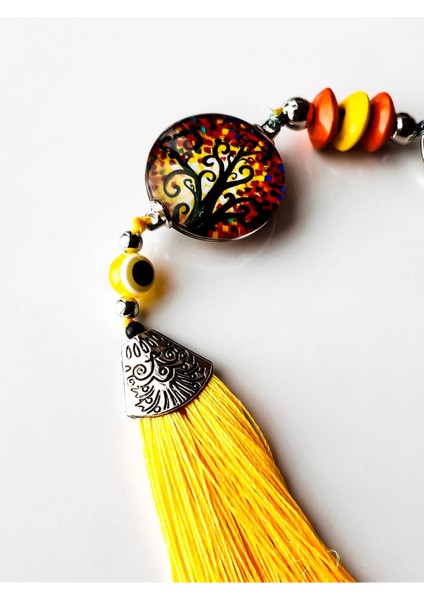 Sarı Cam Hayat Ağacı Desenli Sarı Püsküllü Anahtarlık fiyatları