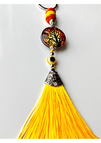 Sarı Cam Hayat Ağacı Desenli Sarı Püsküllü Anahtarlık modelleri