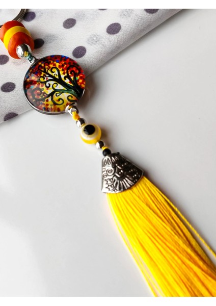 Sarı Cam Hayat Ağacı Desenli Sarı Püsküllü Anahtarlık indirimleri