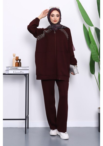 Bordo Taş Detaylı Fermuarlı Pantolonlu Tunik Modal Takım