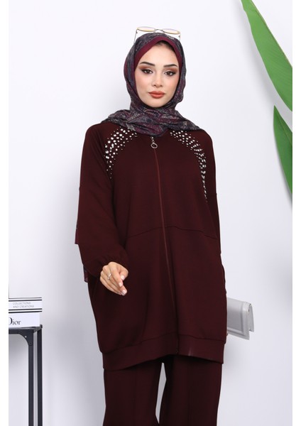 Bordo Taş Detaylı Fermuarlı Pantolonlu Tunik Modal Takım fiyatları