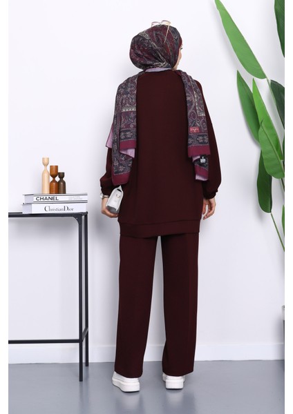 Bordo Taş Detaylı Fermuarlı Pantolonlu Tunik Modal Takım modelleri