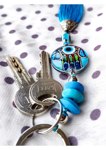 Fatımanın Eli Cam Boncuklu Püsküllü Mavi Anhtarlık modelleri