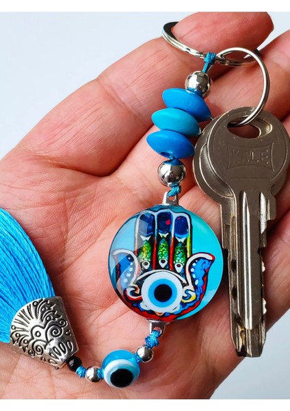 Fatımanın Eli Cam Boncuklu Püsküllü Mavi Anhtarlık indirimleri