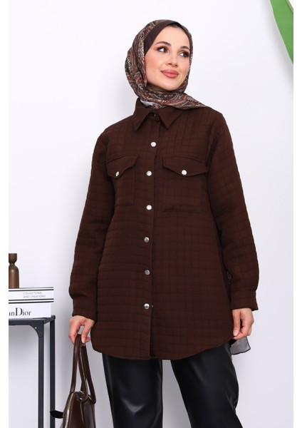 Kahverengi Kapitone Çıtçıtlı Cepli Ceket