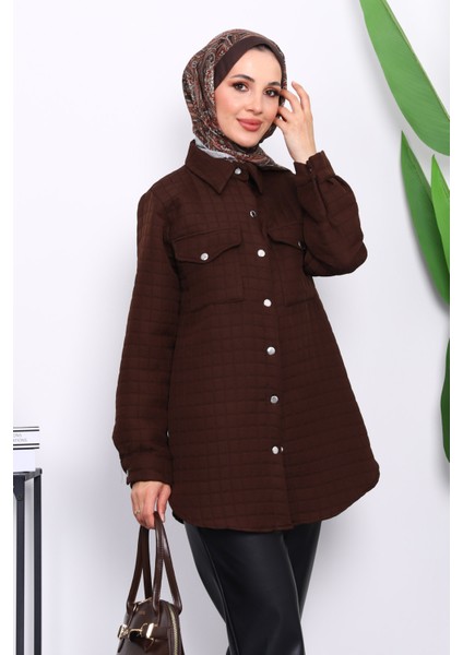 Kahverengi Kapitone Çıtçıtlı Cepli Ceket modelleri