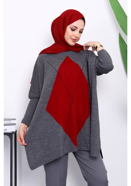 Füme Bordo Bisiklet Yaka Yan Yırtmaçlı Panço