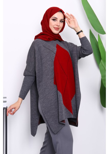Füme Bordo Bisiklet Yaka Yan Yırtmaçlı Panço modelleri