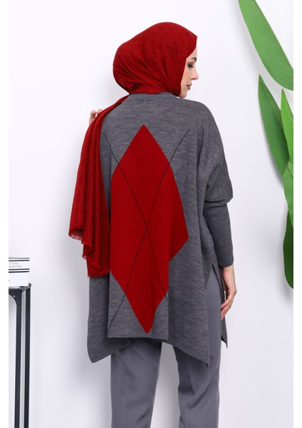 Füme Bordo Bisiklet Yaka Yan Yırtmaçlı Panço fırsatları