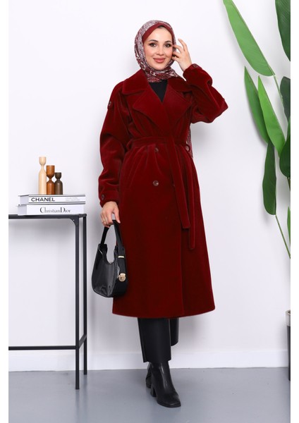 Bordo Kruvaze Yaka Kuşaklı Angora Kaban