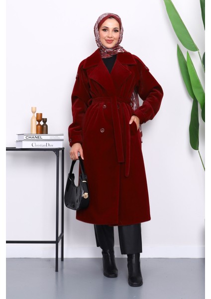 Bordo Kruvaze Yaka Kuşaklı Angora Kaban fiyatları