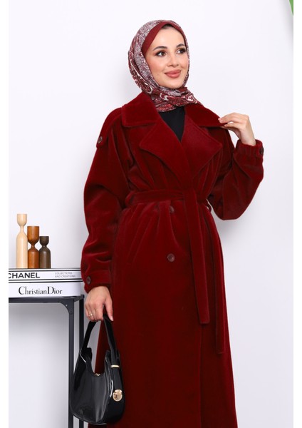 Bordo Kruvaze Yaka Kuşaklı Angora Kaban modelleri