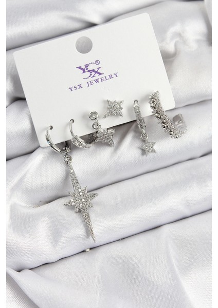 Pirinç Zirkon Taşlı Kutup Yıldızı Model Gümüş Renk 3'lü Çift Kadın Küpe