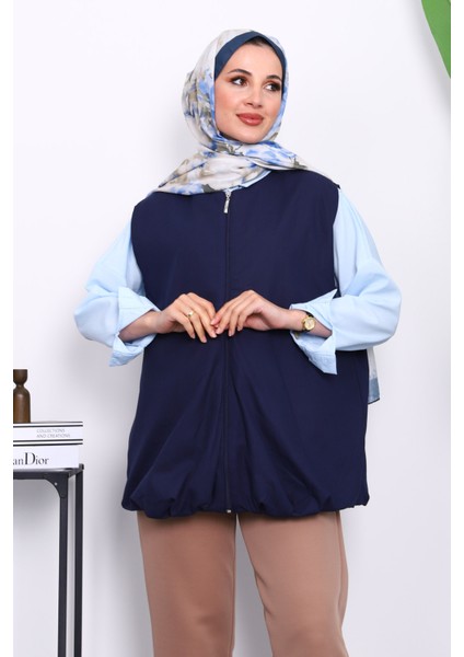 Lacivert Fermuarlı Oversize Astarlı Yelek
