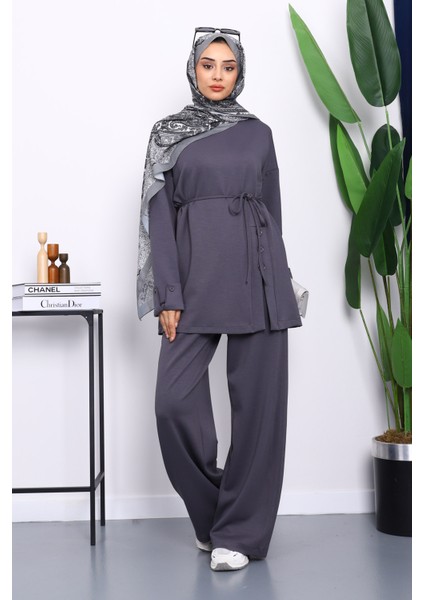 Füme Düğme Detaylı Tunik Pantolonlu Modal Takım