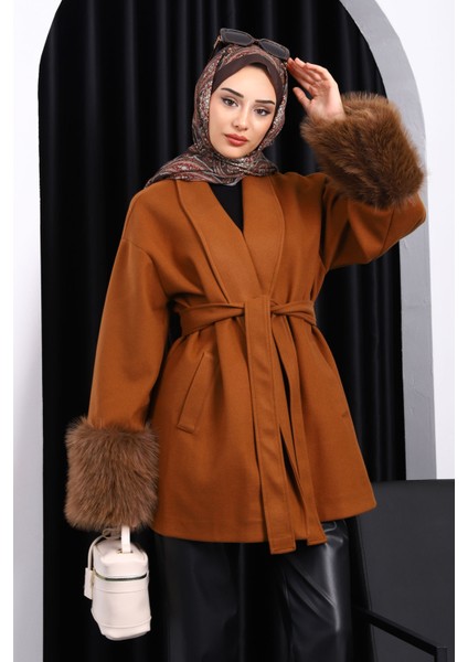 Taba Bel Kuşaklı Çift Cepli Kaşe Kaban