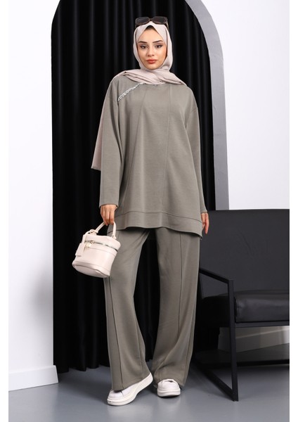 Haki Taş Detaylı Tunik Pantolonlu Modal Takım