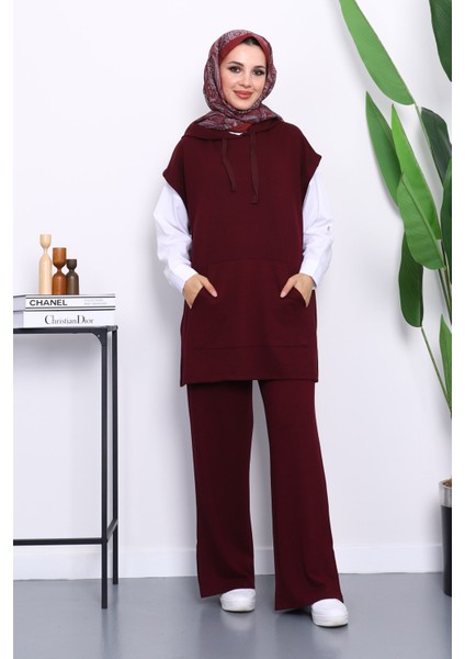 Bordo Kapşonlu Süveter Pantolonlu Modal Takım