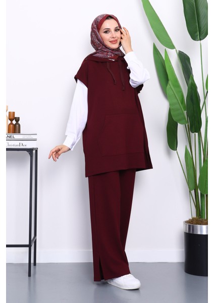 Bordo Kapşonlu Süveter Pantolonlu Modal Takım fiyatları