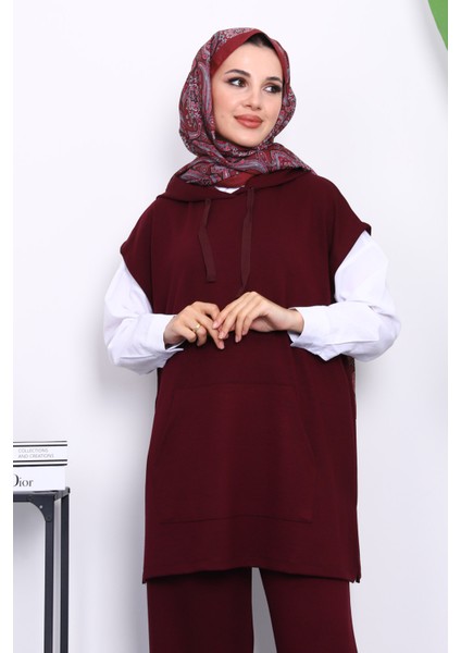 Bordo Kapşonlu Süveter Pantolonlu Modal Takım modelleri