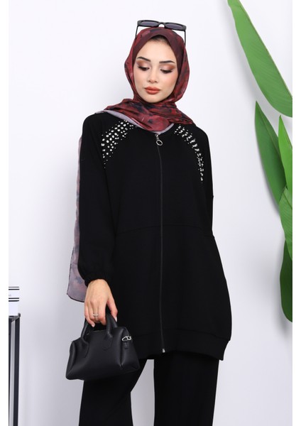 Siyah Taş Detaylı Fermuarlı Pantolonlu Tunik Modal Takım modelleri