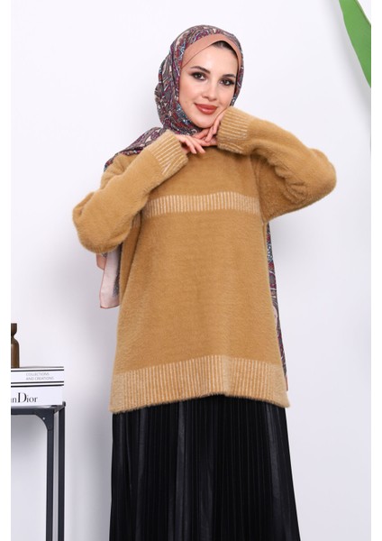 Bisküvi Bisiklet Yaka Çizgili Angora Yumoş Triko Kazak