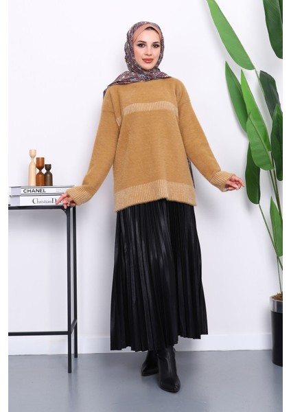 Bisküvi Bisiklet Yaka Çizgili Angora Yumoş Triko Kazak fiyatları