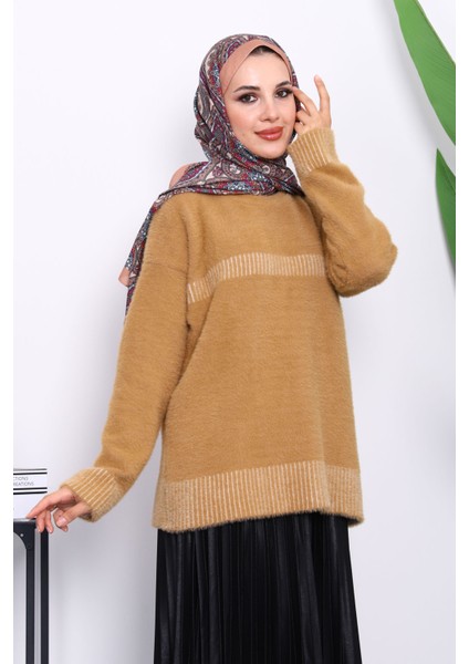 Bisküvi Bisiklet Yaka Çizgili Angora Yumoş Triko Kazak modelleri