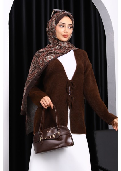 Kahverengi Ön Bağlama Detaylı Angora Yumoş Hırka modelleri