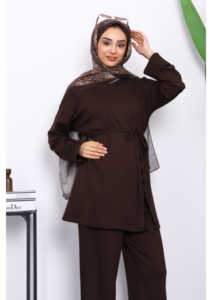 Kahverengi Düğme Detaylı Tunik Pantolonlu Modal Takım modelleri