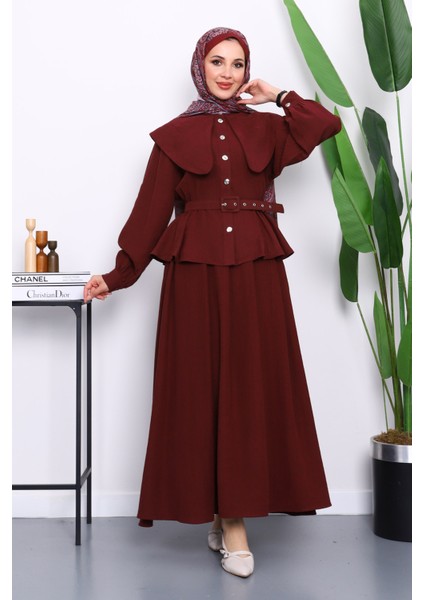 Bordo Yaka Detaylı Gömlek Etekli Takım