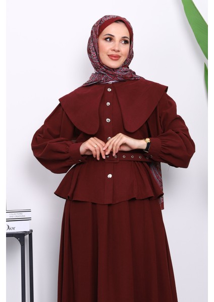 Bordo Yaka Detaylı Gömlek Etekli Takım modelleri