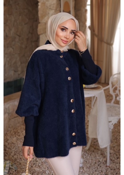 Lacivert Dik Yaka Angora Yumoş Hırka
