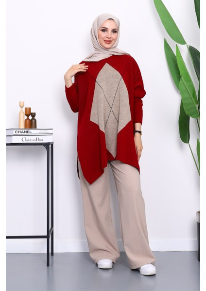 Vizon Bordo Yarasa Kol Yan Yırtmaçlı Triko Panço fiyatları